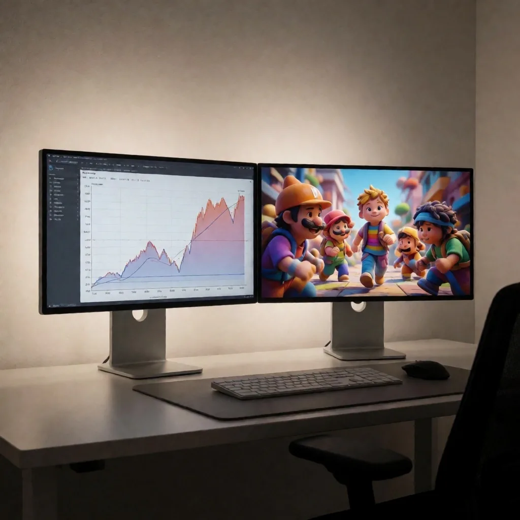 Espacio de trabajo editorial de PinUp Gaming Analysis con monitores mostrando análisis técnico