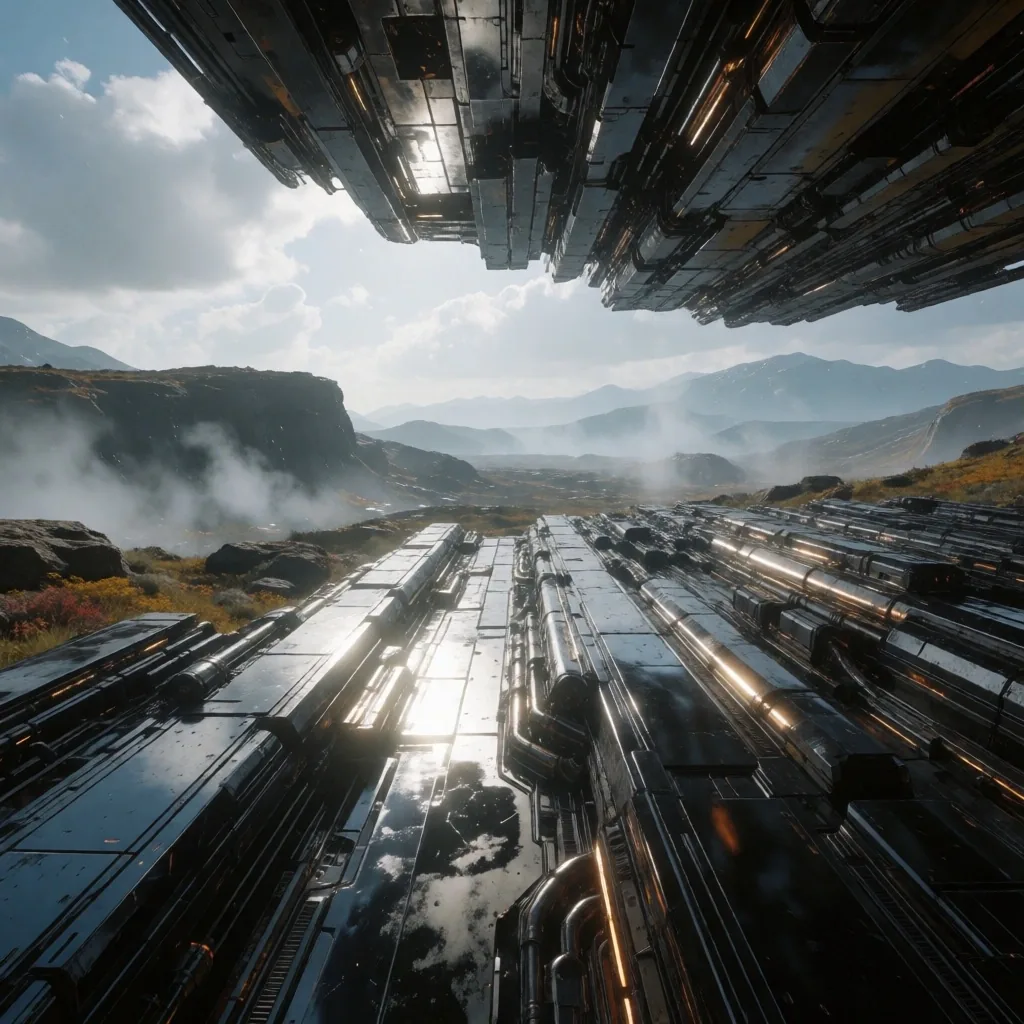 Entorno de videojuego con arquitectura brutalista y sombras geométricas
