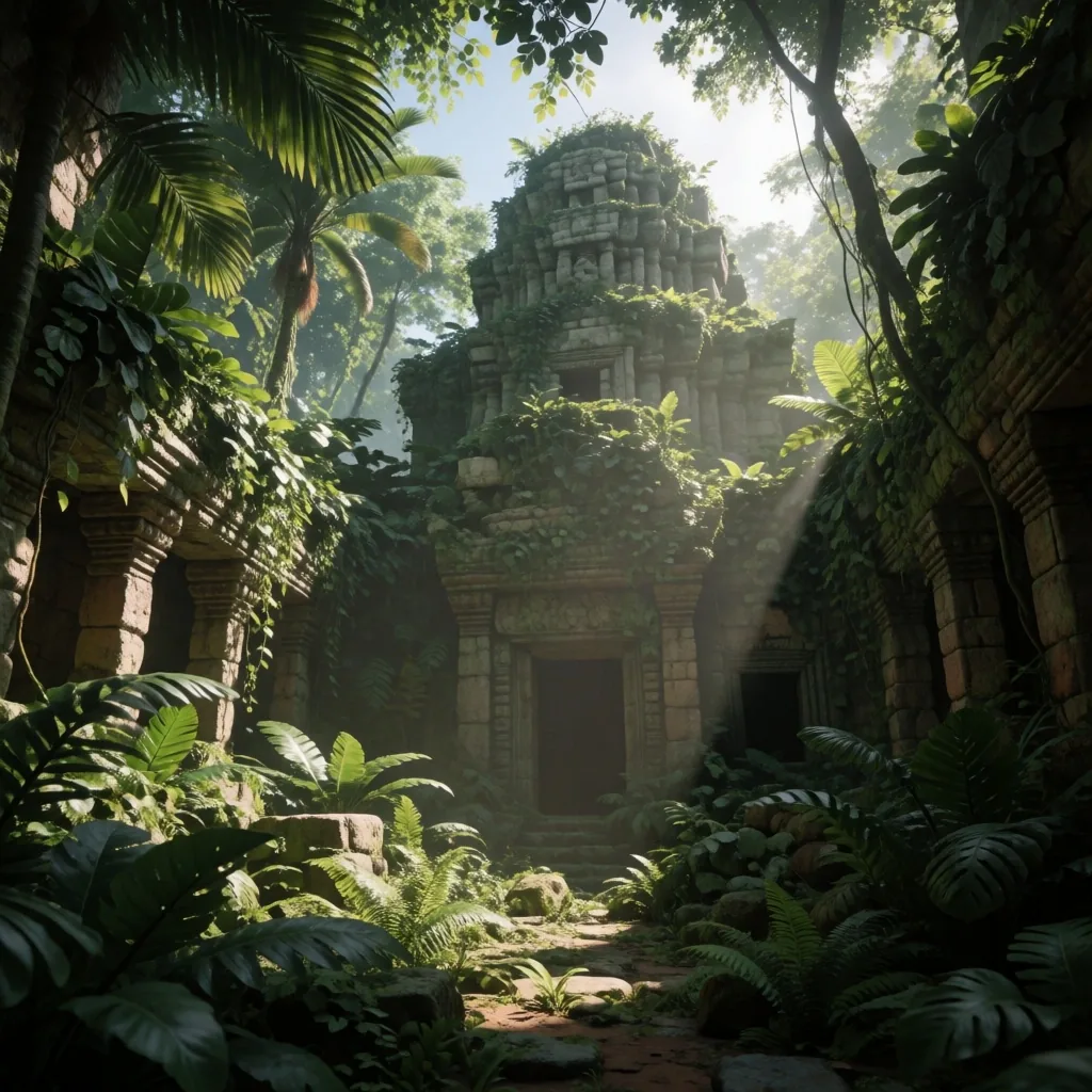 Paisaje de mundo abierto en un videojuego a la hora dorada
