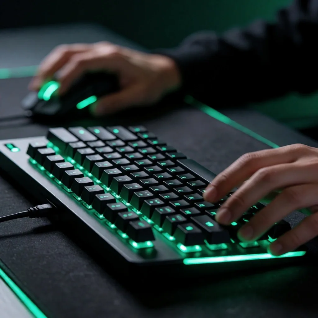 Teclado y mouse de gaming profesional con iluminación verde